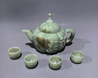 N0250 A Set Vintage Chinese Hetian Jade Carved Pumpkin Teapot & Cups