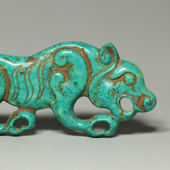 N1891 Vintage Chinese Turquoise Carved Tiger Pend… - image 6
