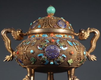 N1035 Vintage Chinese Gilt Gold Silver Enamel Inlay Gem Double Ears 3 Legs Incense Burner