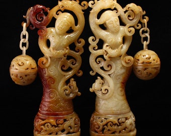 E9875 A Pair Vintage Openwork Chinese Hetian Jade Carved Figure & Dragon Phoenix Statue w Sachet