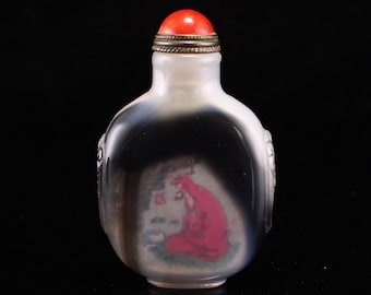 N1520 Vintage Chinesischer Achat Innenmalerei Figur Schnupftabakflasche