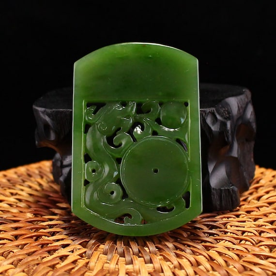 N1363 Openwork Chinese Natural Green Hetian Jade … - image 1