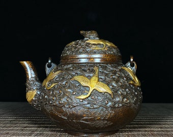 N1229 Vintage Chinese Gilt Gold Brass Crane Design Handle Teapot