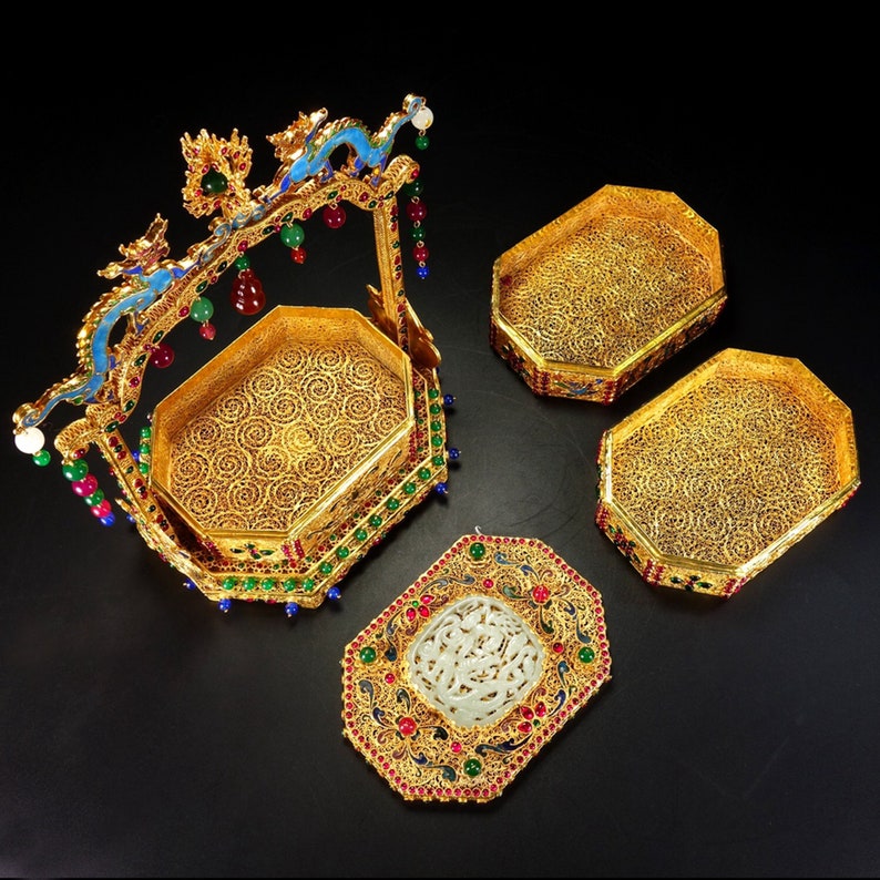 E8812 Exquisite Chinese Gold Wires Enamel Inlay Gem & Hetian Jade Food Box image 2