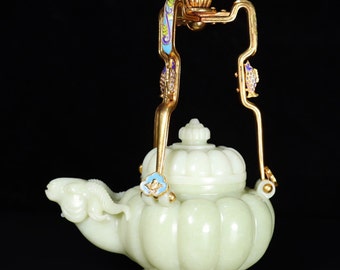 N1211 Hochwertige chinesische Vergoldung Goldbronze Emaille & weiße Hetian Jade Schafkopf Griff Teekanne