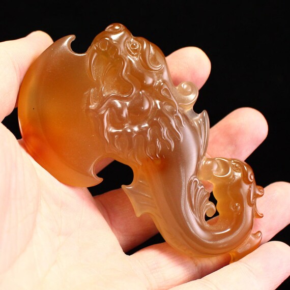 N1423 Chinese Agate Carved Dragon Phoenix Axe Pen… - image 8