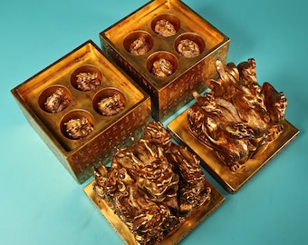 N1557 A Set Vintage chinesische Vergoldung Goldbronze Drache Phoenix Siegel w Box