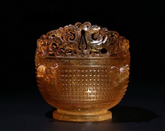 N0134 Vintage Chinese kristal gesneden dubbele draak & Phoenix Bowl