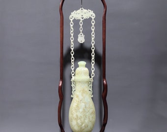 N0227 Vintage Chinese Hetian Jade Low Relief Kid & Carp Chain Bottle w Zitan Wood Shelf