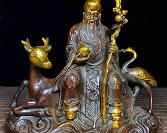 N1309 Vintage chinesische vergoldete Gold-Kupfer-Longevity-Taoismus-Gottheit & Hirsch, Kranichstatue