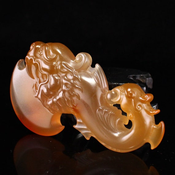 N1423 Chinese Agate Carved Dragon Phoenix Axe Pen… - image 3