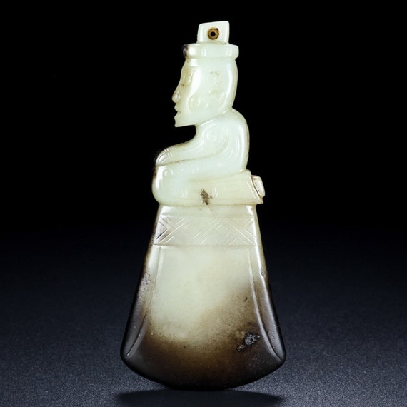E7504 Vintage Chinese Hetian Jade Carved Figure &… - image 1