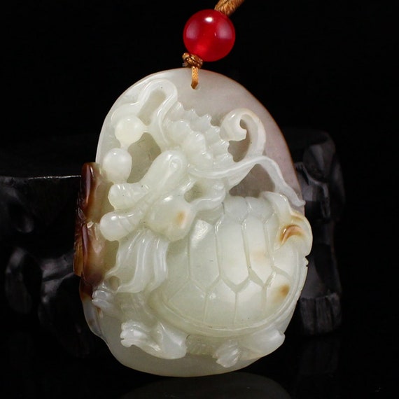 N0260 Chinese Natural Hetian Jade Carved Dragon T… - image 2