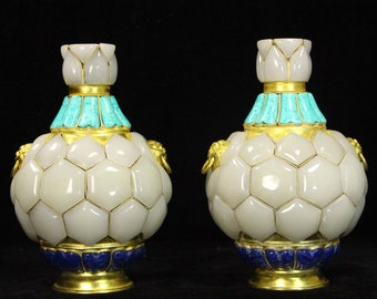 E7565 A Pair Vintage Chinese Gilt Gold Bronze Inlay Hetian Jade & Turquoise,Lapis Lazuli Bottle