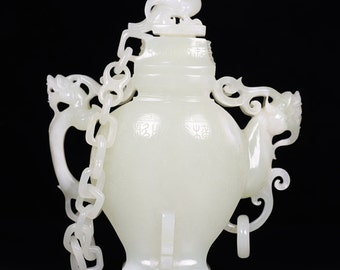 N1206 Magnífica tetera china de jade hetiano blanco de alto relieve con dragón y fénix