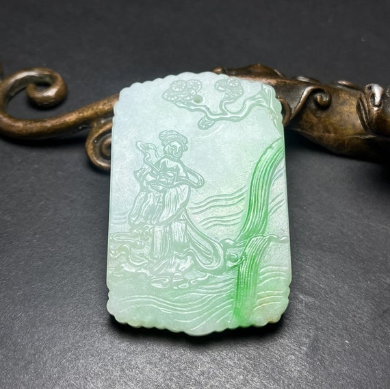 E7334 Vintage Green Jadeite Figure Pendant - image 1