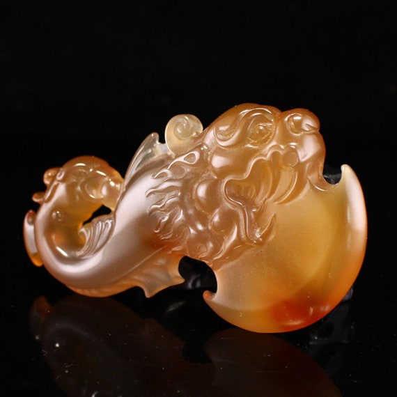 N1423 Chinese Agate Carved Dragon Phoenix Axe Pen… - image 6