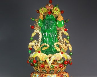 N1873 Exquisite Chinese Gold Wires Enamel Inaly Green Jade & Gem Kwan-yin Statue