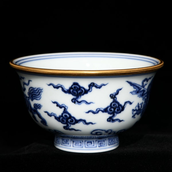 N1859 Chinese Gilt Edge Blue And White Porcelain Cup