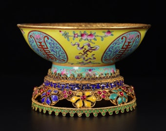 N1758 Tazón de porcelana china Famille Rose con base de gemas con incrustaciones de esmalte de bronce dorado dorado