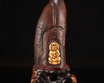 A6446 Vintage Ox Horn Inlay Shell Kwan-yin Statue