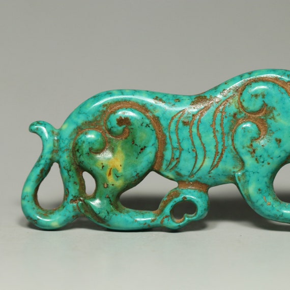 N1891 Vintage Chinese Turquoise Carved Tiger Pend… - image 7