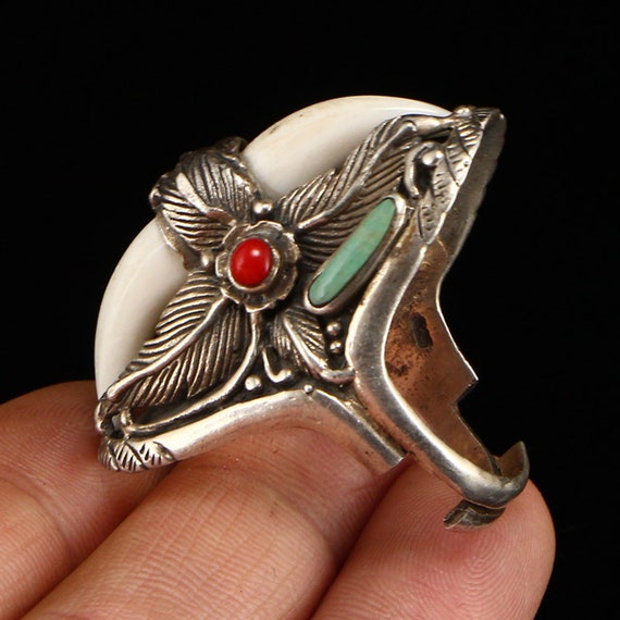 A6329 Chinese Pure Silver Inlay Turquoise & Coral… - image 7
