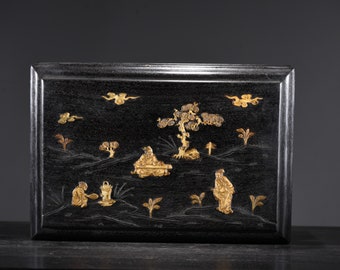 E7709 Vintage Chinese Zitan Wood Inlay Bone Figure & Pine Tree Design Jewellery Box