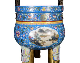 E7864 Chinese Gilt Gold Famille Rose Flower & Mountain River Scene Design Double Ears 3 Legs Porcelain Incense Burner