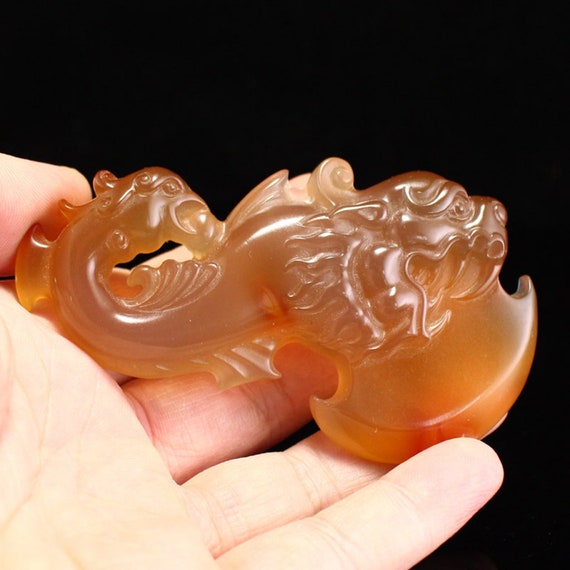 N1423 Chinese Agate Carved Dragon Phoenix Axe Pen… - image 7