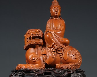 N1800 Old Chinese Boxwood Wood Carved Manjushri Bodhisattva Statue w Zitan Wood Base
