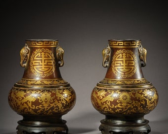 E9628 A Pair Superb Vintage Chinese Gilt Gold Copper Elephant Head Double Ears Incense Burner