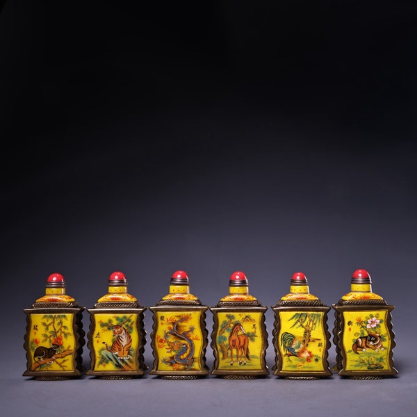 N1731 A Set Six Old Chinese Gilt Gold Famille Rose Peking Glass 12 Zodiacs Snuff Bottles