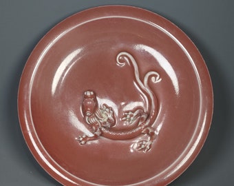 N1577 Chinese Cowpea Red Glaze Low Relief Chi Dragon Porcelain Plate
