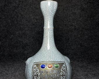 N1022 Chinese Ge Kiln Blue Glaze Inlay Gem Porcelain Vase