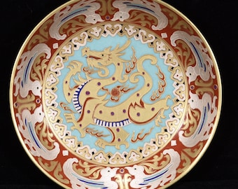 N0972 Chinese Gilt Gold-plated Silver Dragon Design Porcelain Plate