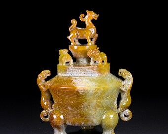 E7589 Vintage Chinese Hetian Jade Carved Beast & Fortune Ox Double Ears Incense Burner