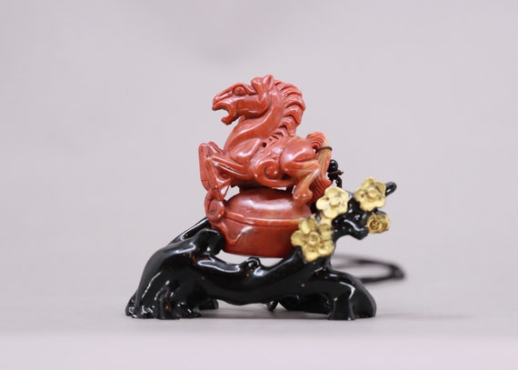 Chinese Red Shoushan Stone Pendant w Horse - image 1