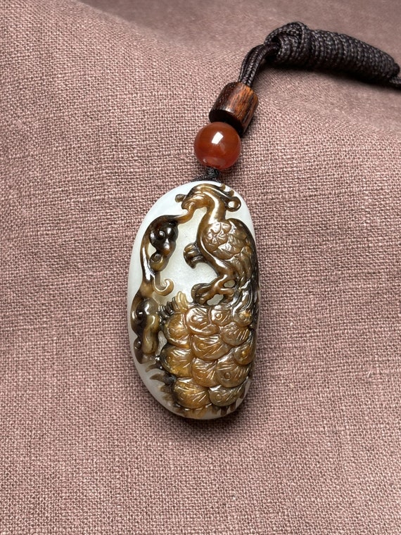 E9025 Chinese Natural Hetian Jade Carved Phoenix P