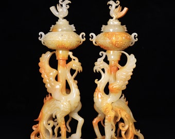 E7245 A Pair Vintage Chinese Hetian Jade Carved Phoenix Incense Burner