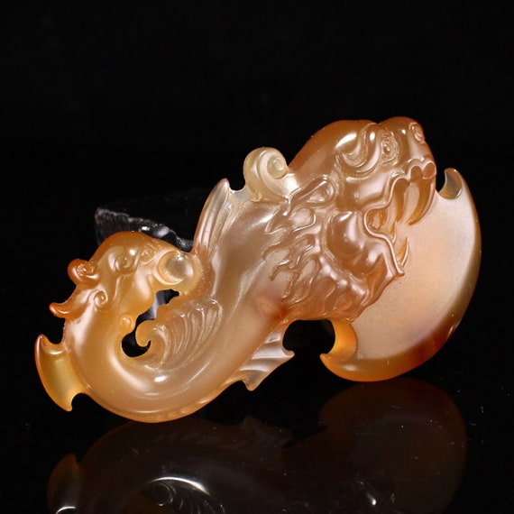 N1423 Chinese Agate Carved Dragon Phoenix Axe Pen… - image 5