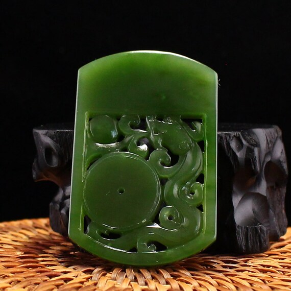 N1363 Openwork Chinese Natural Green Hetian Jade … - image 6