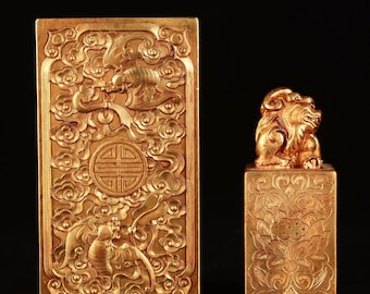 N1533 Vintage chinesische Vergoldung Goldbronze Tier Siegel w Box