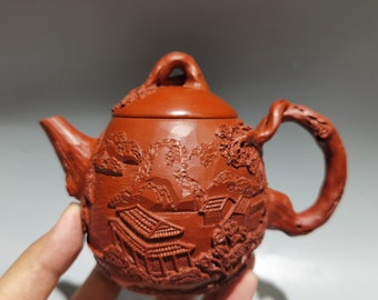 N1570 Chinese Yixing Zisha Clay Low Relief Mountain River Scene Design Teapot w Artist Signed