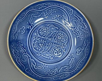 N0644 Cuenco de porcelana con diseño de dragón de la fortuna de esmalte azul chino