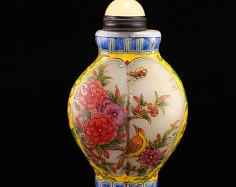 N1698 Old Chinese Famille Rose Peking Glass Flower Bird Snuff Bottle