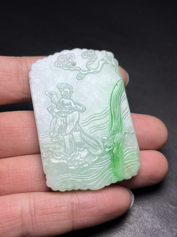 E7334 Vintage Green Jadeite Figure Pendant - image 8