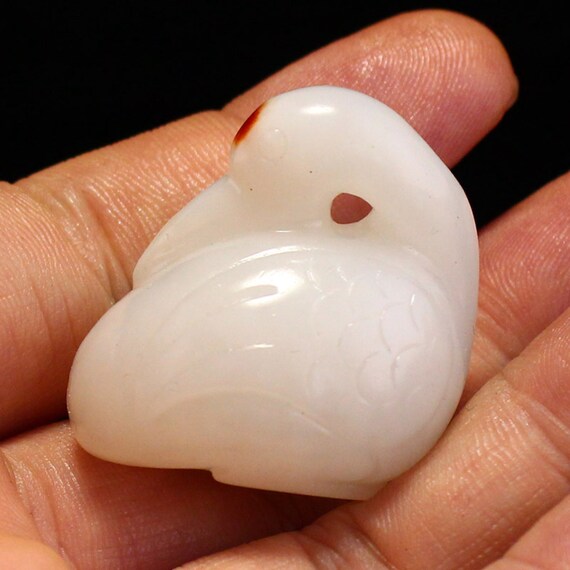 N0580 Chinese Natural Hetian Jade Carved Goose Pe… - image 9