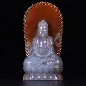 N1076 Vintage Chinese Agate Carved Siddhartha Buddha Statue