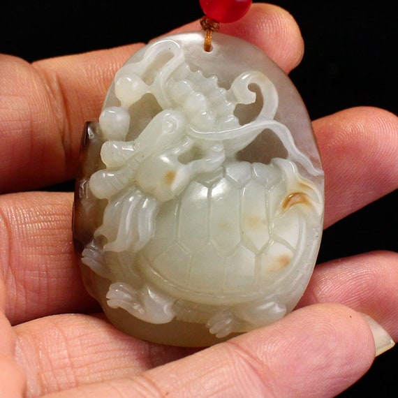 N0260 Chinese Natural Hetian Jade Carved Dragon T… - image 7